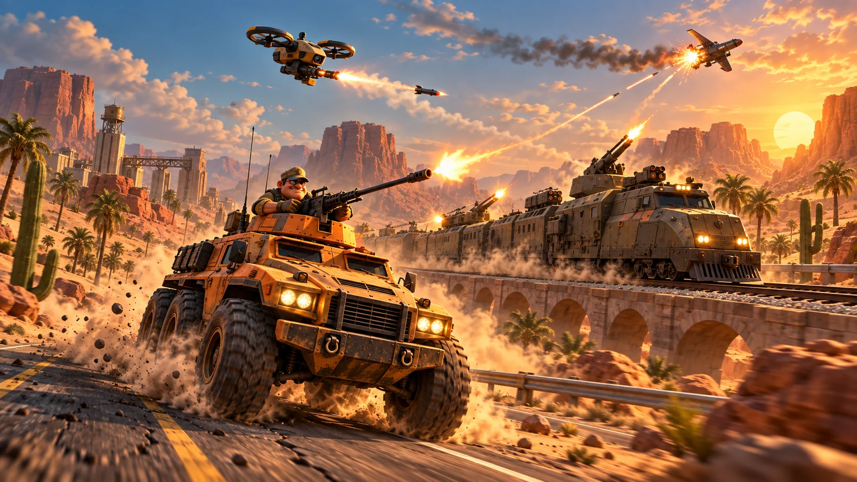 ROADFORGE armored vehicle, battle train and drone coordinating against an aircraft