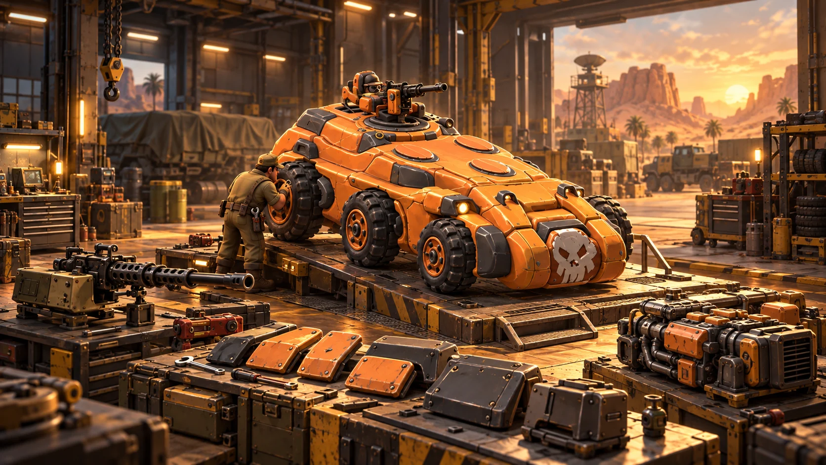 Orange ROADFORGE vehicle on a workshop platform surrounded by weapon, armor and engine parts